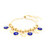 Introducing the "Blue Evil Eyes Tiny Elephant Charm Bracelet," an elegant piece crafted with blue and white evil eye charms and elephant-shaped pendants delicately arranged on a 14k gold-filled chain. Designed for versatility, this bracelet features an adjustable chain equipped with a sliding closure to ensure the perfect fit.